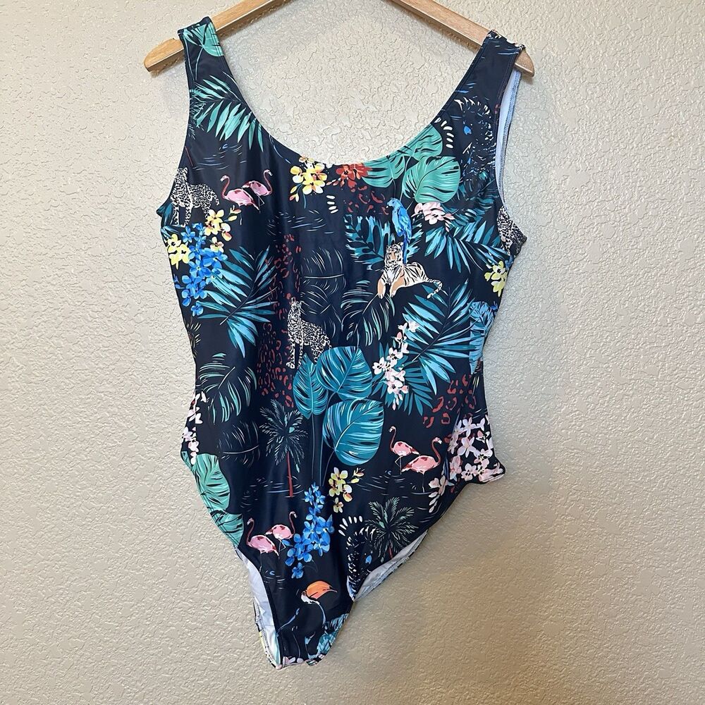Tropical Leaf & Flamingo One-Piece Swimsuit - Black with Teal & Pink